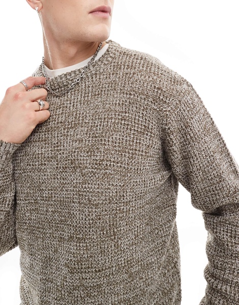 Another Influence twist knit round neck sweater in heathered brown