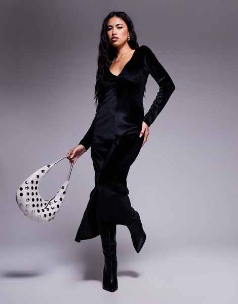 ASOS DESIGN velvet long sleeve v neck midi swing dress in black