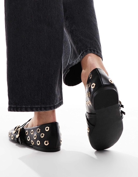 ASOS DESIGN Landon double strap mary jane ballet flats in black with studs