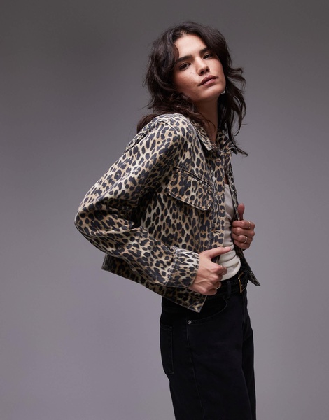 Mango leopard print denim jacket in brown