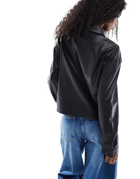 ASOS DESIGN spliced volume leather look shirt in black