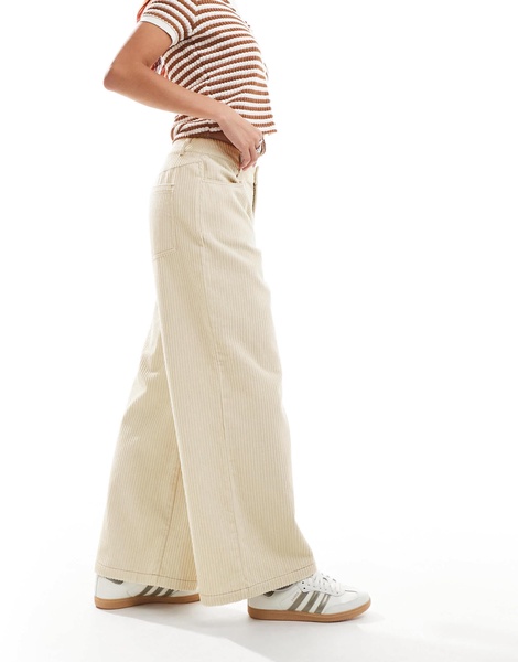 ASOS DESIGN cord cropped wide leg pants with contrast stitch in buttermilk