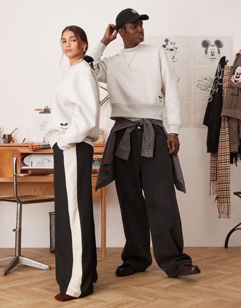 ASOS DESIGN Disney unisex boxy oversized scuba sweatshirt with Mickey Mouse prints in gray heather
