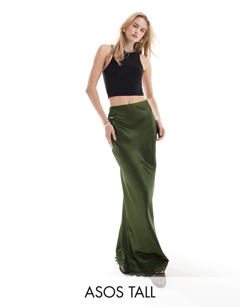 ASOS DESIGN Tall satin maxi skirt with lace trim in khaki