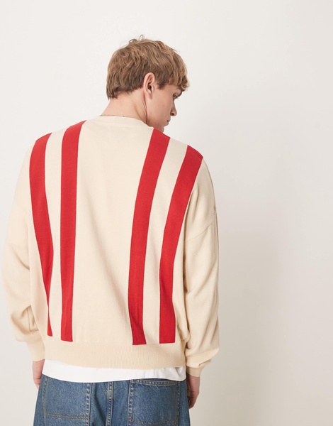 ASOS DESIGN oversized boxy fit knitted crew neck sweater with stripe pattern in beige