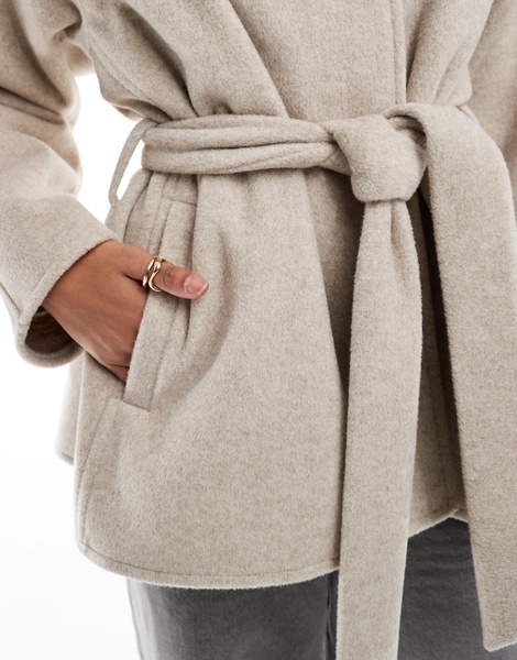 ASOS DESIGN belted collarless formal coat in oatmeal