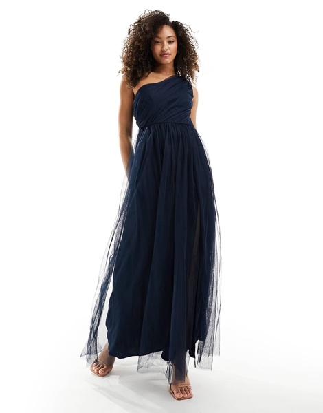 Anaya Bridesmaid tulle one shoulder maxi dress in navy