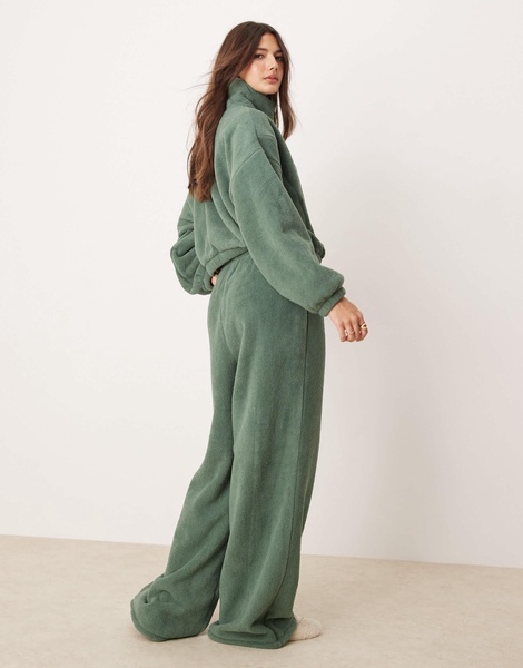 ASOS DESIGN lounge microfleece zip collar sweat & wide leg set in khaki with contrast trim