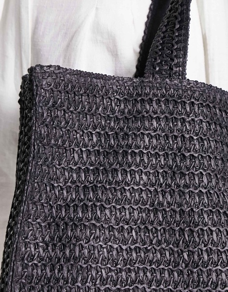South Beach straw woven shoulder beach tote bag in black