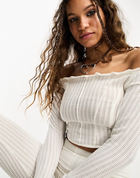 Bersha lettuce edge pointelle bardot top in ecru - part of a set