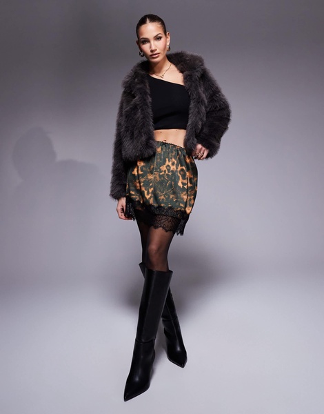 River Island satin mini skirt with lace trim in leopard print