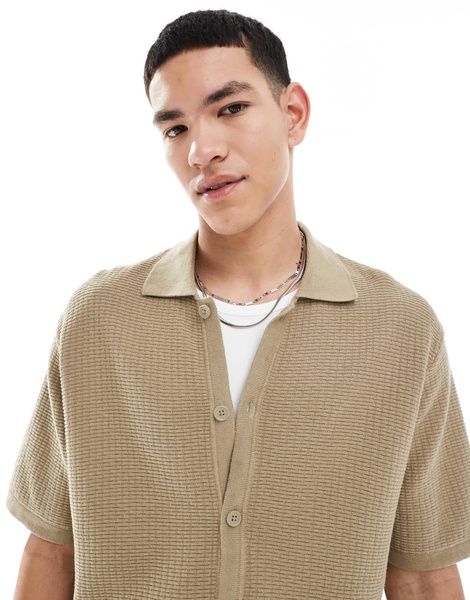 Bershka button through knitted shirt in brown