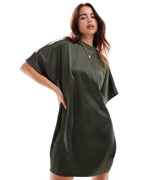 ASOS DESIGN satin oversized mini T-shirt dress in khaki
