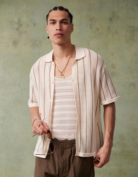 Bershka knitted button through stripe shirt in ecru