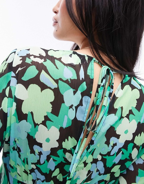 Topshop long sleeve godet mini tea dress in green floral print