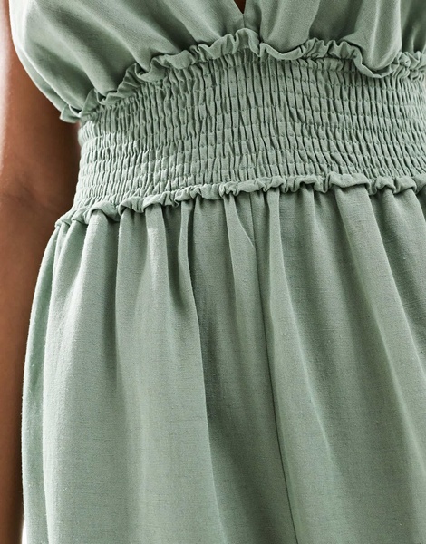 ASOS DESIGN shirred linen cami jumpsuit with wide culotte legs in sage