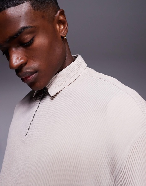 ASOS DESIGN overhead boxy plisse regular shirt in mushroom