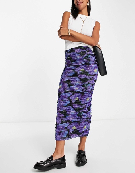 Topshop ruched mesh floral midi skirt in purple