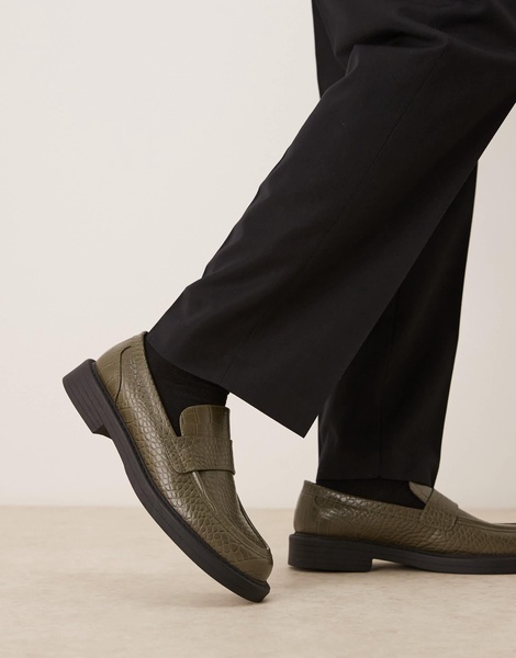 ASOS DESIGN embossed loafers in olive green