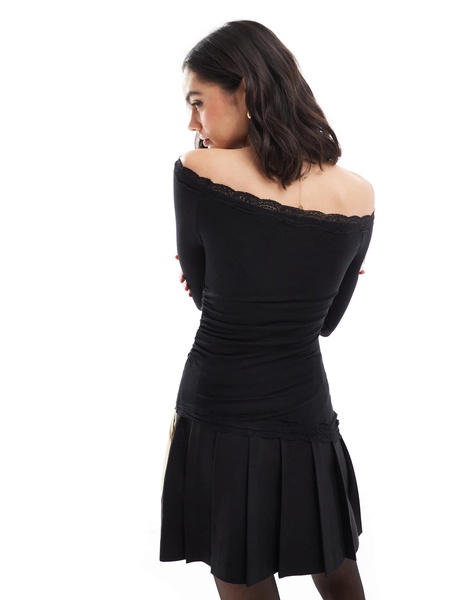 Bershka asymmetric lace detail top in black