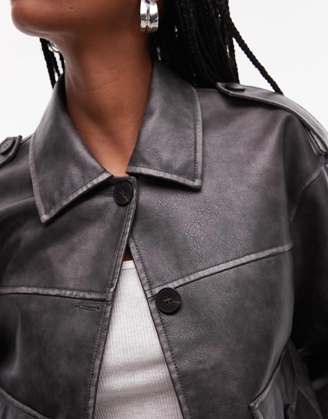 Topshop faux leather cropped button thru patch pocket bomber jacket in washed black