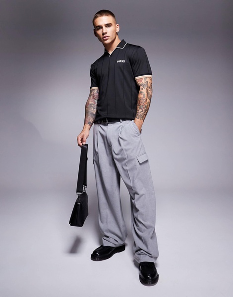 BOSS Green Palle 2 open collar jersey polo slim fit in black