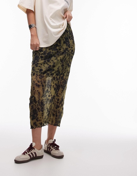 Topshop crinkle jersey midaxi skirt in green smudge print