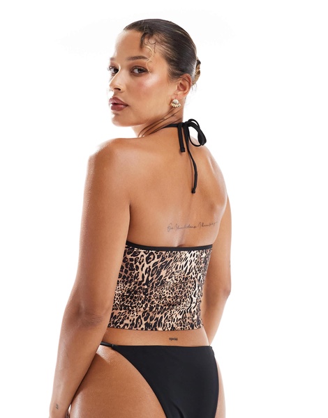 Bershka contrast trim tankini top in leopard print - part of a set