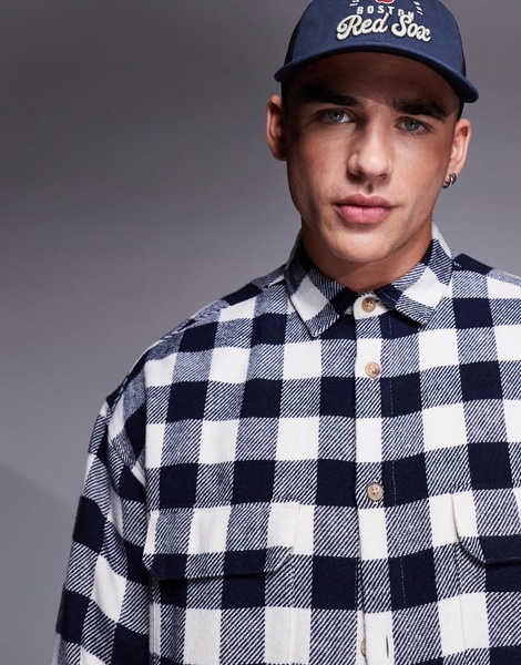 ASOS DESIGN 90s oversized wool blend shirt in navy buffalo check