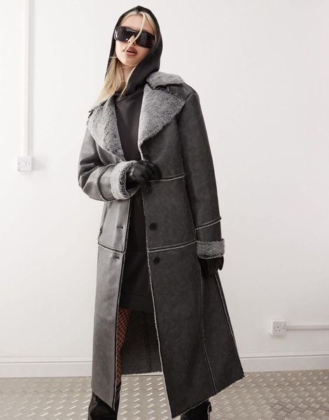 Reclaimed Vintage faux suede coat with faux fur trim