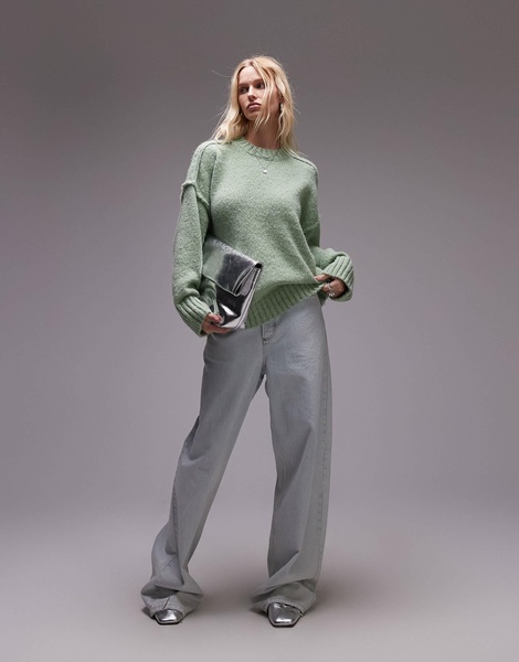 Topshop knit fluffy ribbed detail exposed seam crew oversized sweater in light green