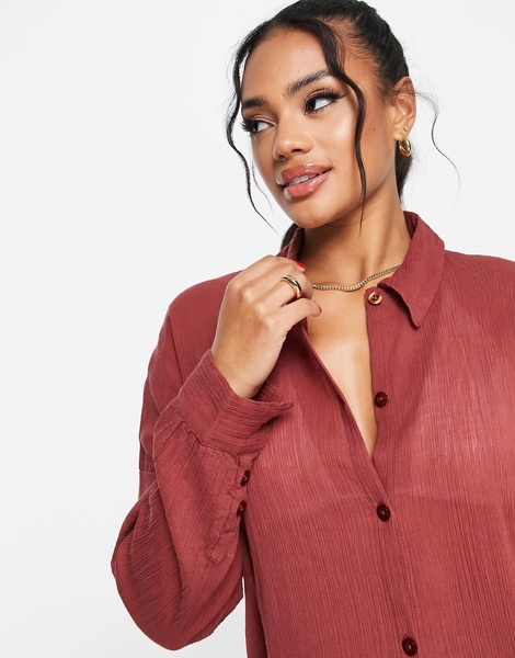 ASOS DESIGN crinkle beach shirt in brown