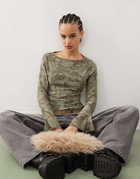 Reclaimed Vintage long sleeve burn out top in khaki flock