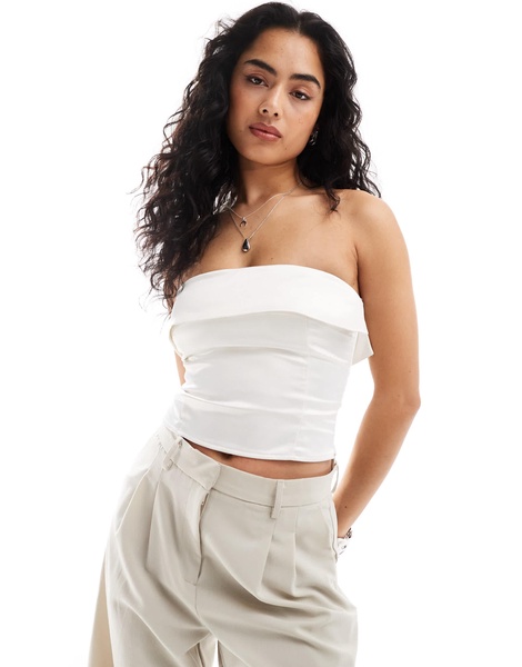 Bershka satin fold over bandeau top in ecru