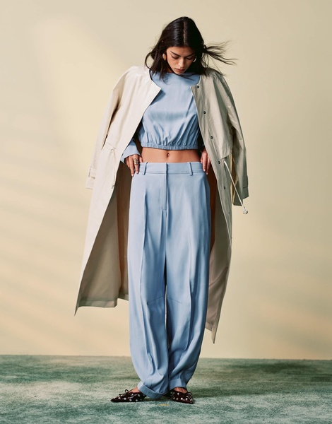 ASOS DESIGN tailored barrel leg pants with turn up hem in light blue - part of a set