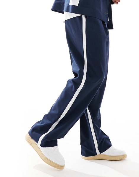 ASOS DESIGN smart wide leg pants in navy with white side stripe - part of a set