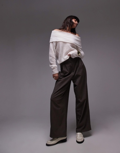 ARKET open knit sheer sweater with fold over off the shoulder in off white