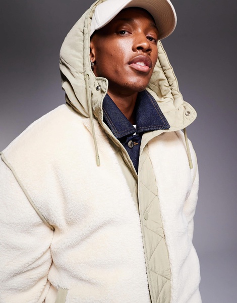 ASOS DESIGN borg hooded jacket in ecru with khaki trims