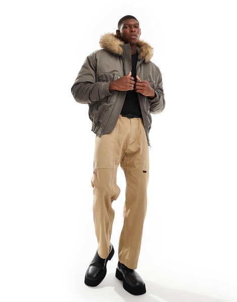 Weekday padded bomber jacket with faux fur hood in khaki