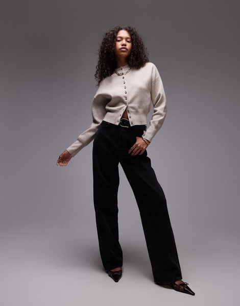 Topshop knitted compact fitted waist cardigan in oat