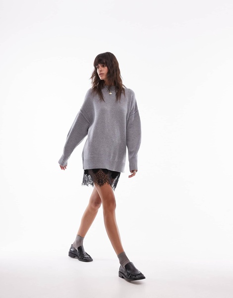 Topshop premium contrast seam wool blend oversized sweater in gray