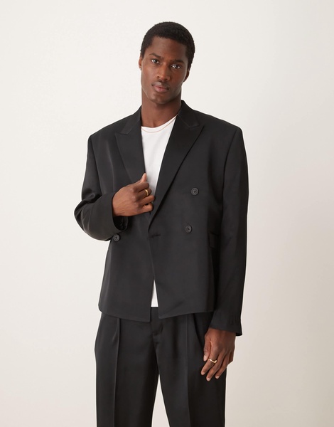 ASOS DESIGN boxy cropped suit jacket in black satin