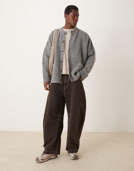 ASOS DESIGN super oversized boxy fit knit textured crew neck cardigan in heather gray with pockets
