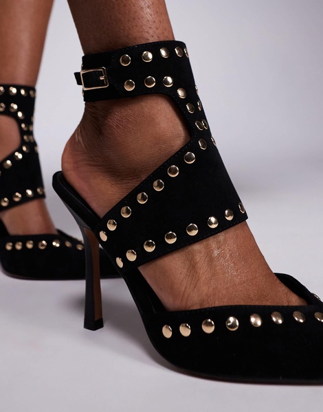 ASOS DESIGN Power suedette studded high heeled shoes in black suedette