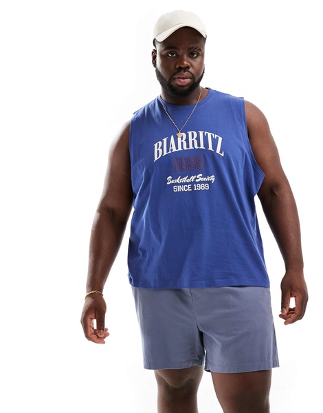 ASOS DESIGN boxy relaxed tank top in blue with chest print