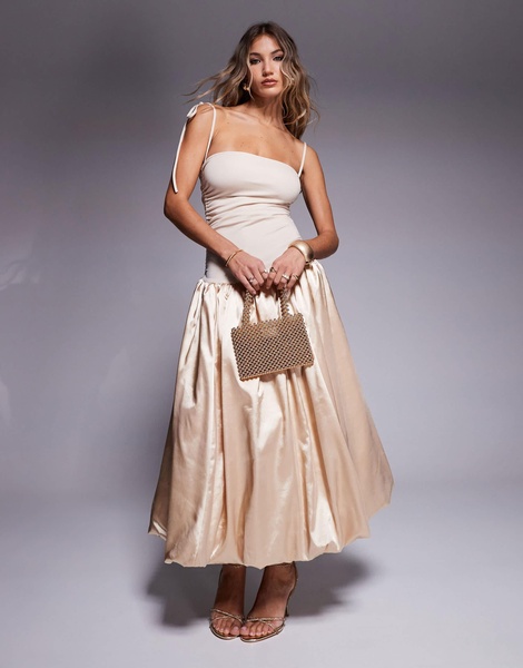 Amy Lynn Alexa tie shoulder satin puffball midi dress in milk