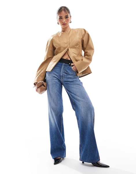 ASOS DESIGN extreme sleeve nipped waist blazer in camel