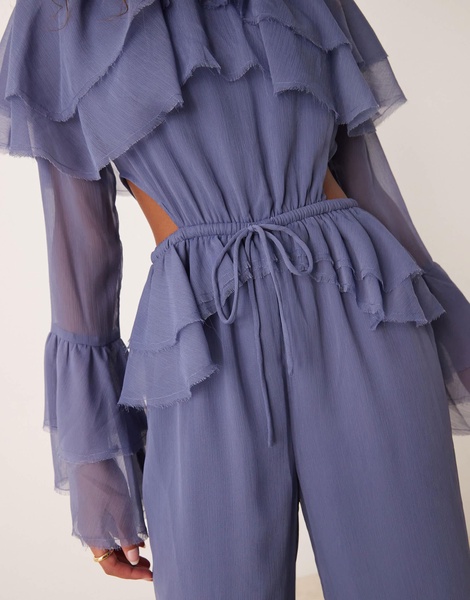 ASOS DESIGN exaggerated ruffle sleeve jumpsuit with cut out waist in blue