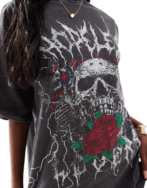 ASOS DESIGN boyfriend fit t-shirt with skull and roses rock sequin graphic in washed charcoal