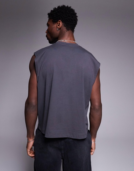 ASOS DESIGN boxy oversized tank top with front chest graphic in charcoal